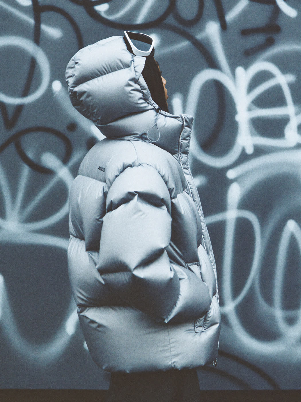 Aurora — reflective puffer seen from behind against a tagged wall