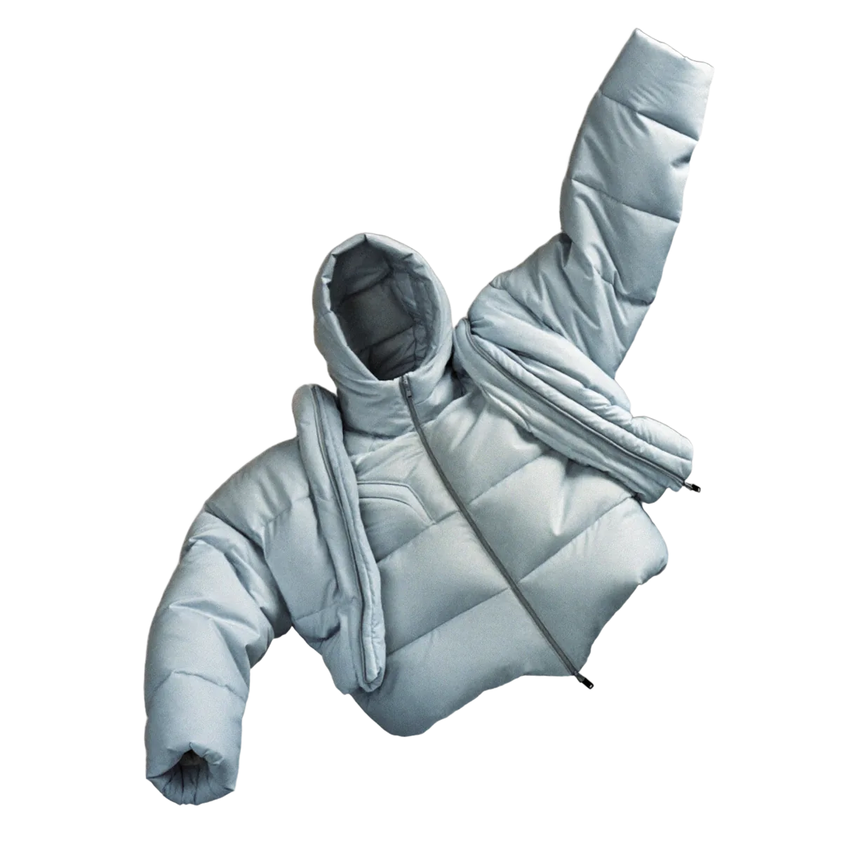 An empty FRZN puffer jacket suspended and twisting in mid-air