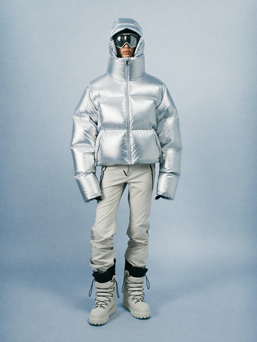 Aurora Silver — reflective puffer, hood up, series 01